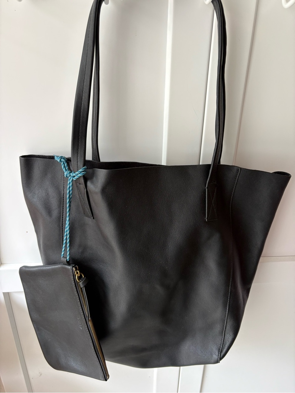 J. Crew Black Leather Tote with Teal Cord and Zip Pouch